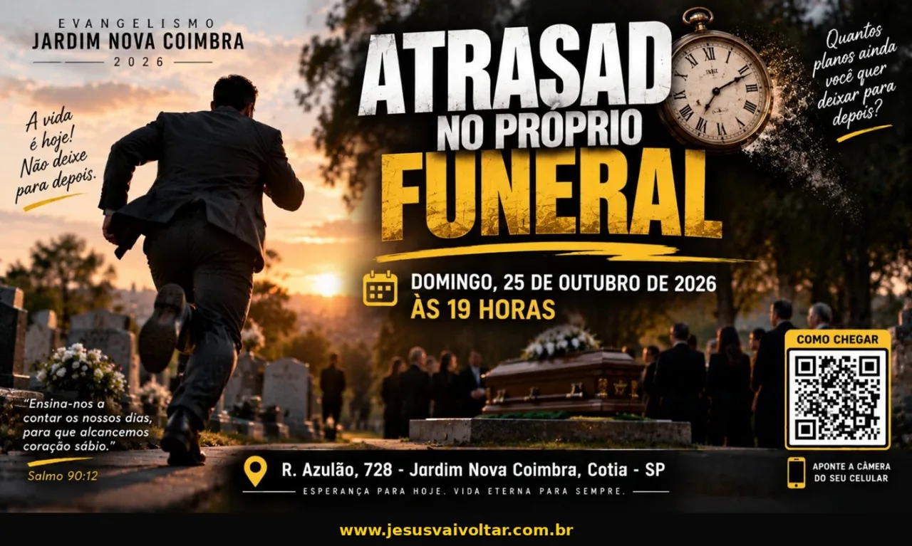 Arte oficial da campanha: Atrasado no próprio funeral. Informações acessíveis nesta página.