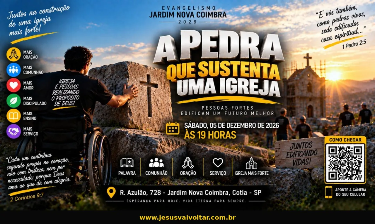 Arte oficial da campanha: A pedra que sustenta uma igreja. Informações acessíveis nesta página.