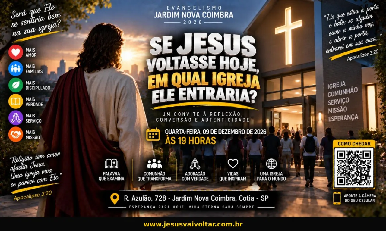 Arte oficial da campanha: Se Jesus voltasse hoje, em qual igreja Ele entraria?. Informações acessíveis nesta página.